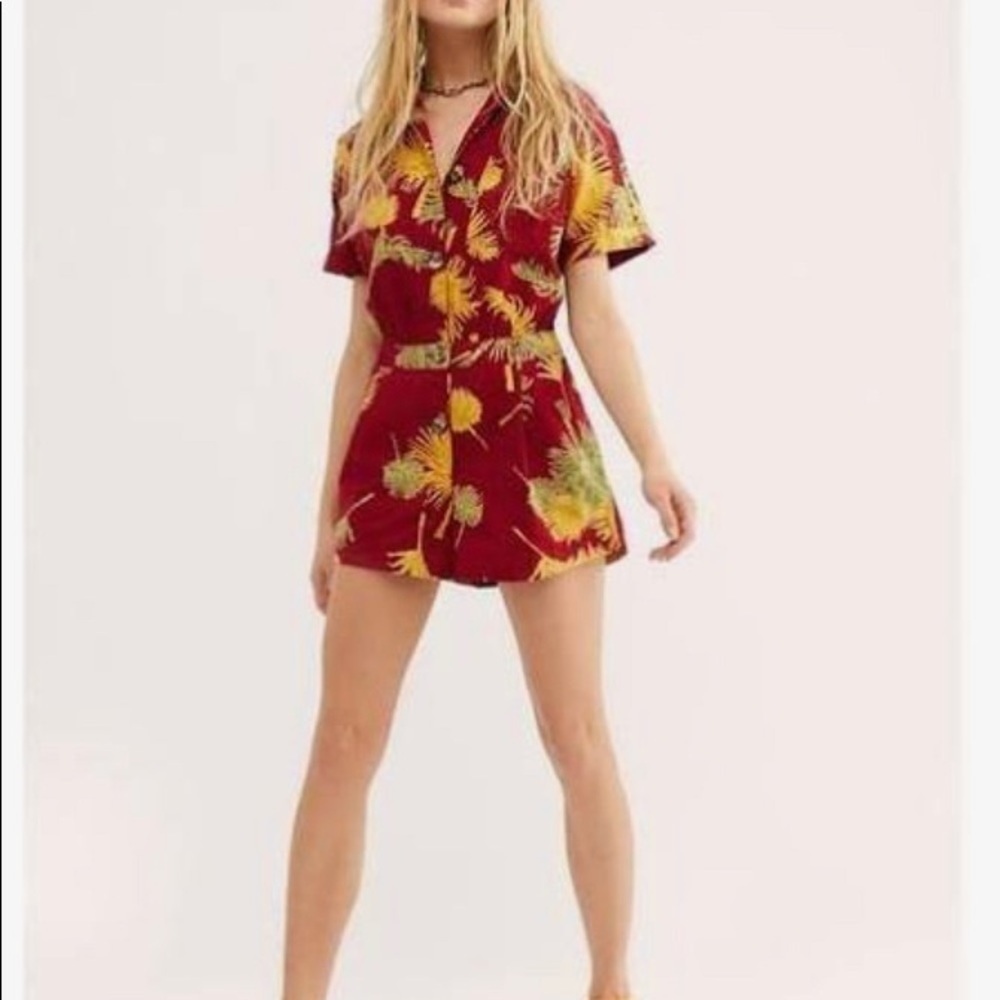 Free People red tropical button up romper size S